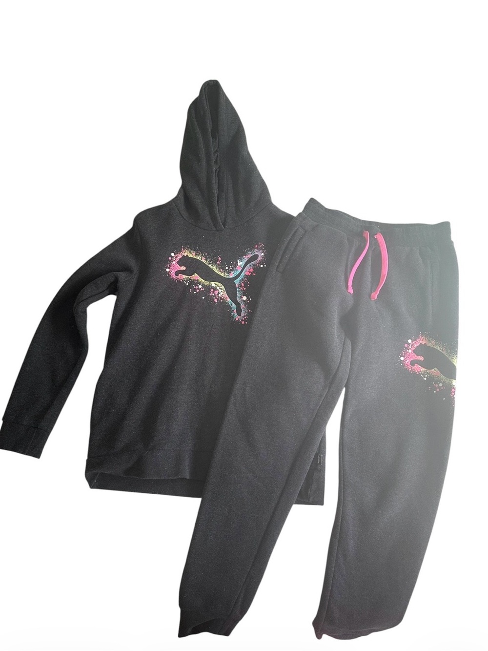 Puma Black Kids Hoodie & Joggers Set with Pink Drawstring and Multicolor Logo